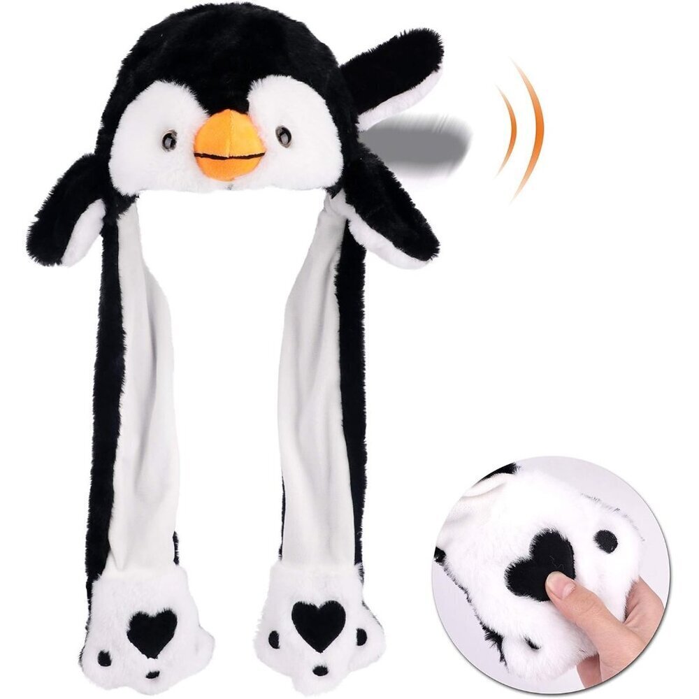 Kids Penguin Animal Hat with Ears Moving Jumping Pop Up Beating Plush Holiday - Picture 1 of 6